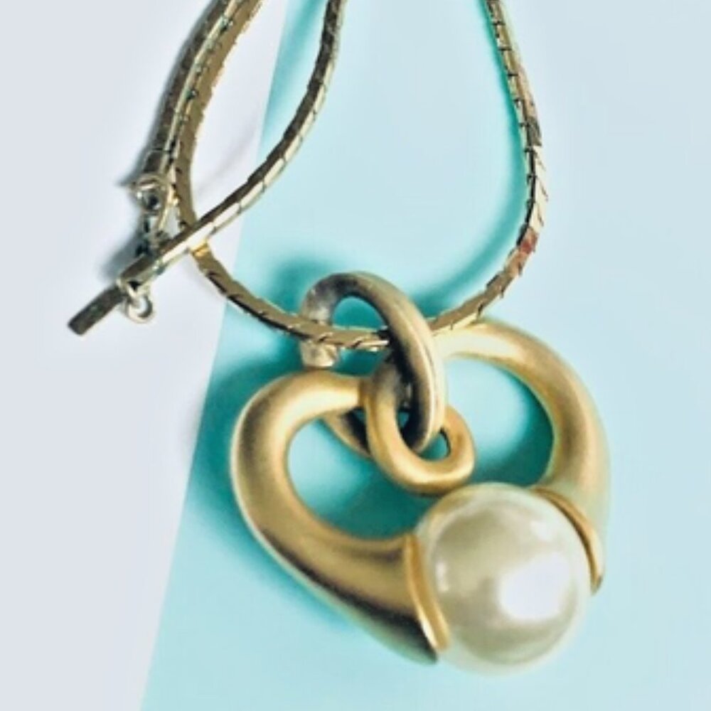 Vintage Monet Open Heart Pendant Necklace Gold Tone 28" Chain Faux Pearl